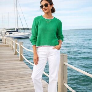 BODEN Green Lena Stitch Detail Sweater Pink Trim Size XL 100% Cotton Summer